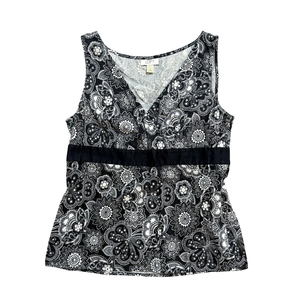 Ann Taylor LOFT Blouse Womens 12 Black White Paisley Sleeveless Empire Waist